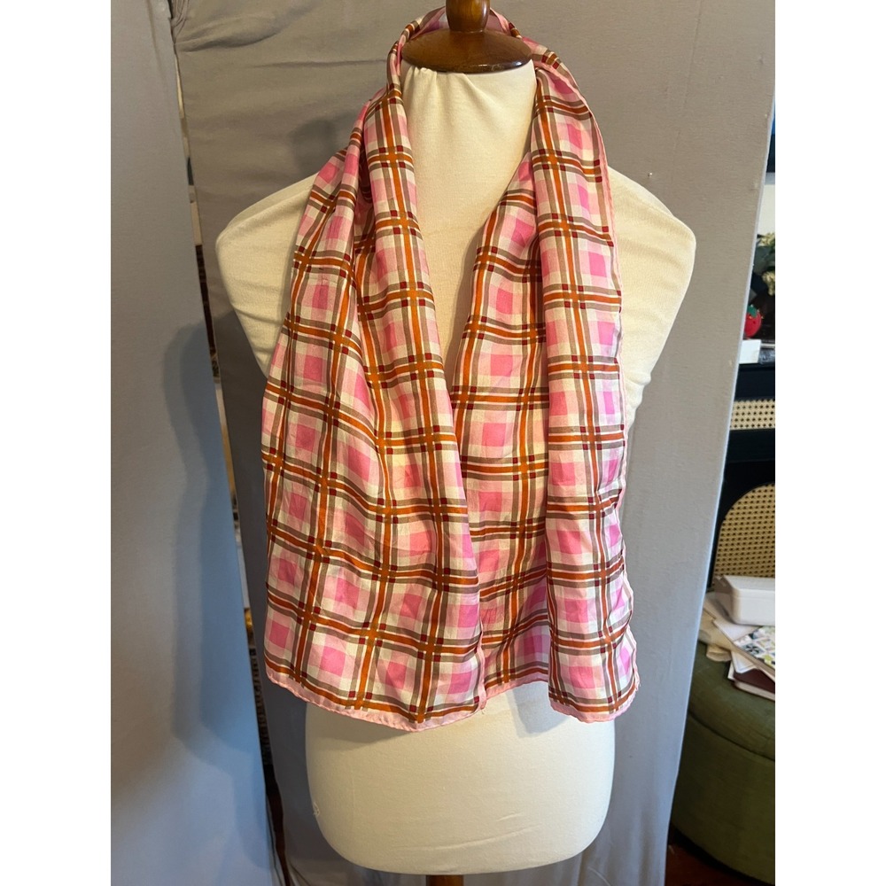 Vintage Glentex 100% Silk Pink Plaid‎ Rectangle Scarf 1960s Mod Twee Checker